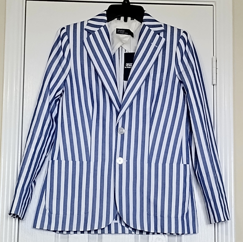 Polo Ralph Lauren Striped Women's Blazer Jacket Size 4 Blue Cotton Linen $598
